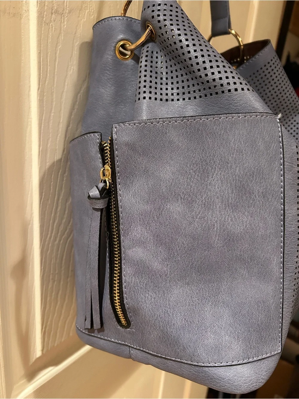 Le Miel Vegan Perforated Leather Hobo Top Handle Tote 11” deep Ocean Blue